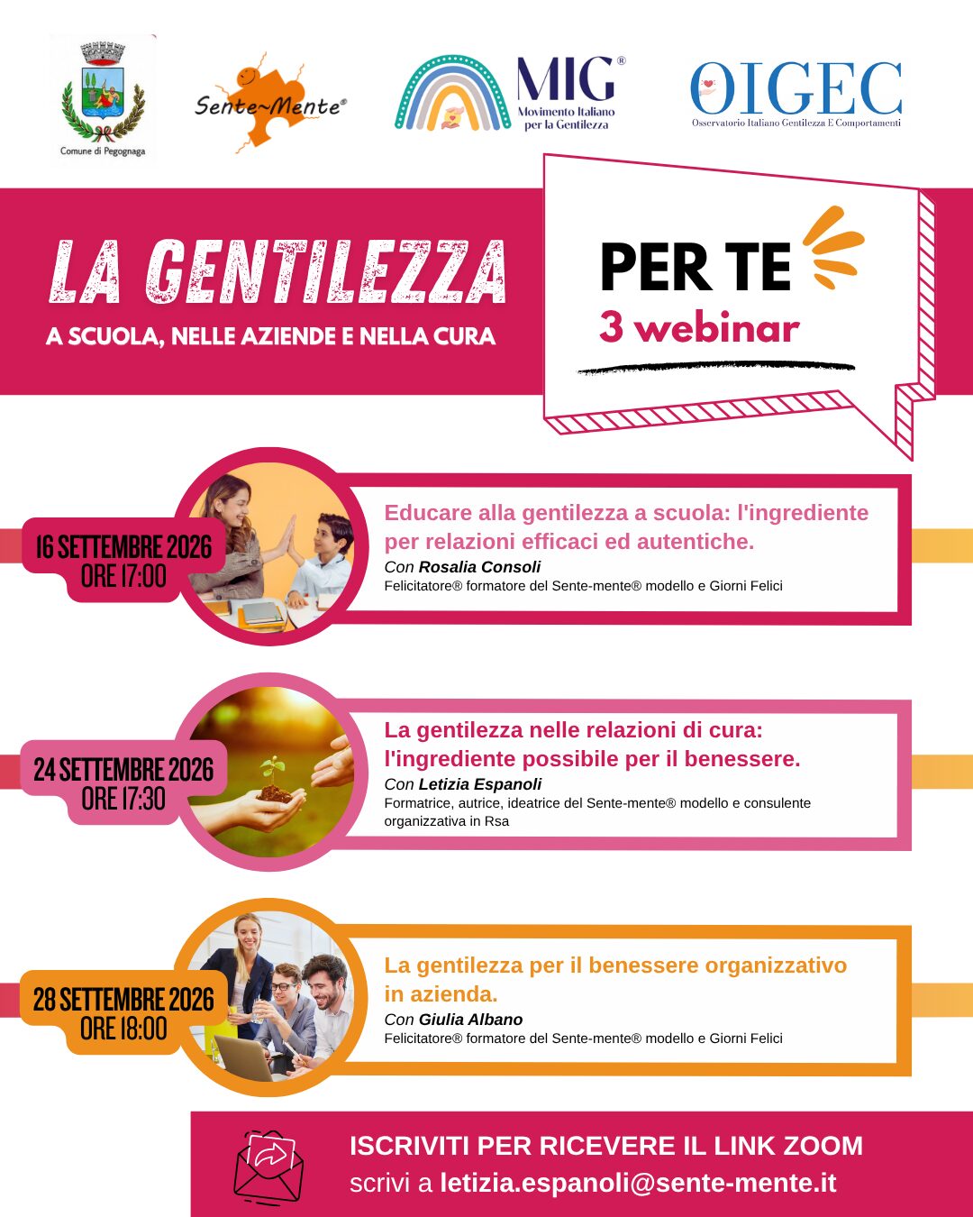 Immagine di locandina con i titoli dei tre eventi e con indicazioni per iscriversi