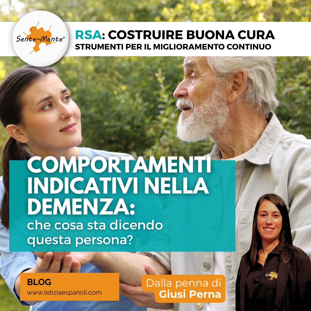 Un’operatrice guarda negli occhi un residente, richiamando il tema dei comportamenti indicativi nella demenza e della domanda «Che cosa sta dicendo questa persona?»